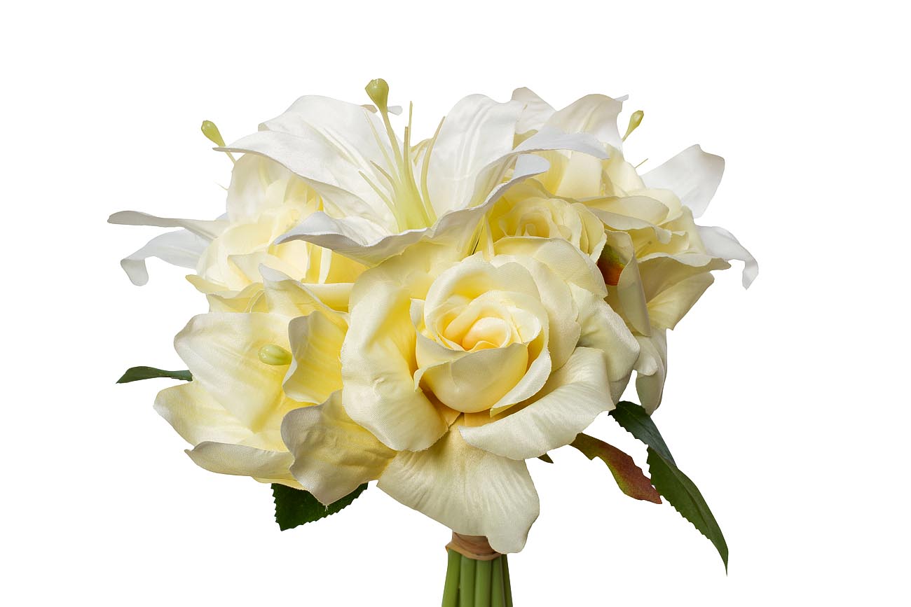 9F28017SN-4734 Букет розы-лилии желто-белый 30см (12)