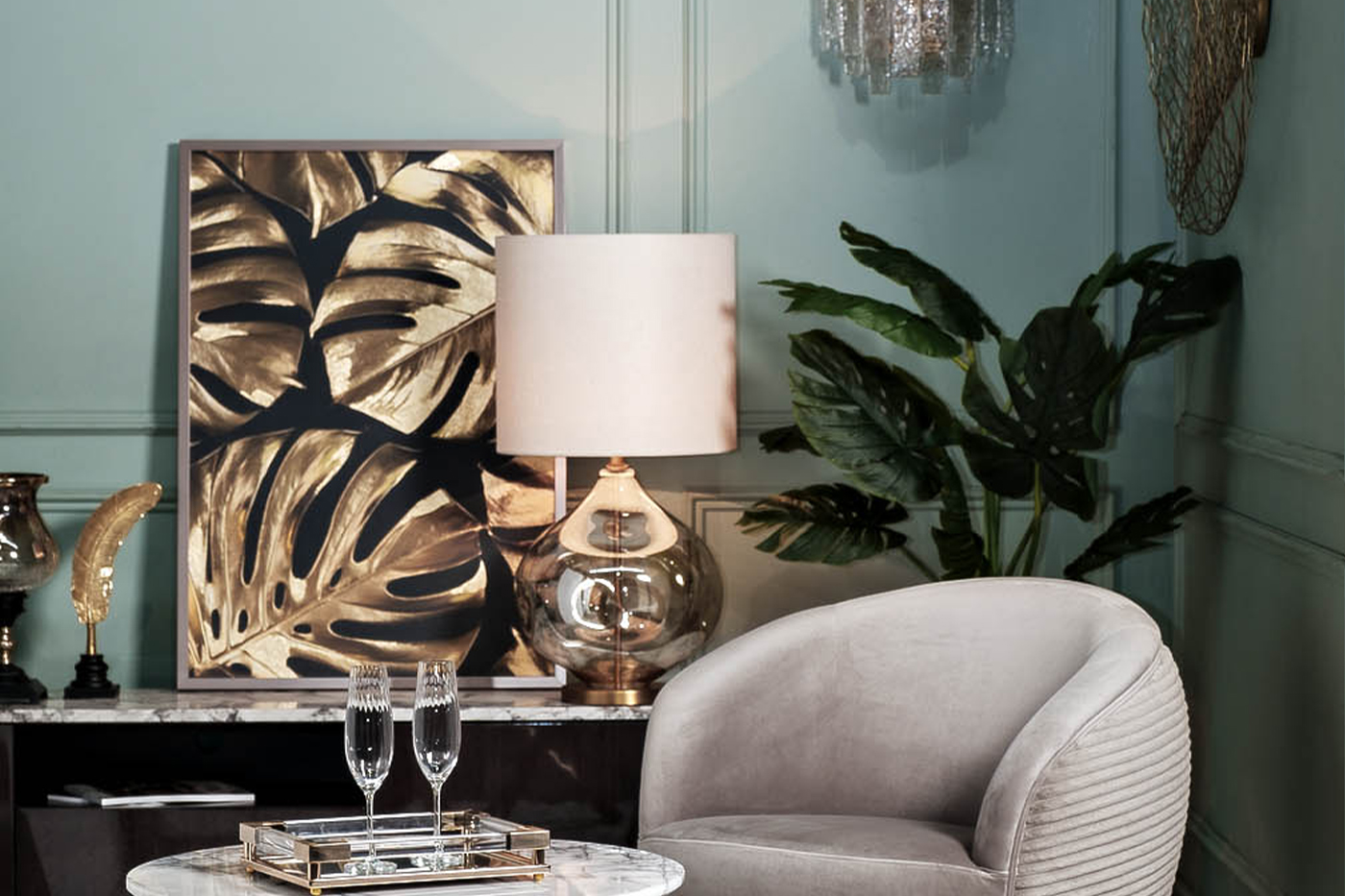89VOR-MONSTERA GOLDEN-2 Холст "Золотые листья монстеры-2" 100х70 см, багет( латунь),поталь