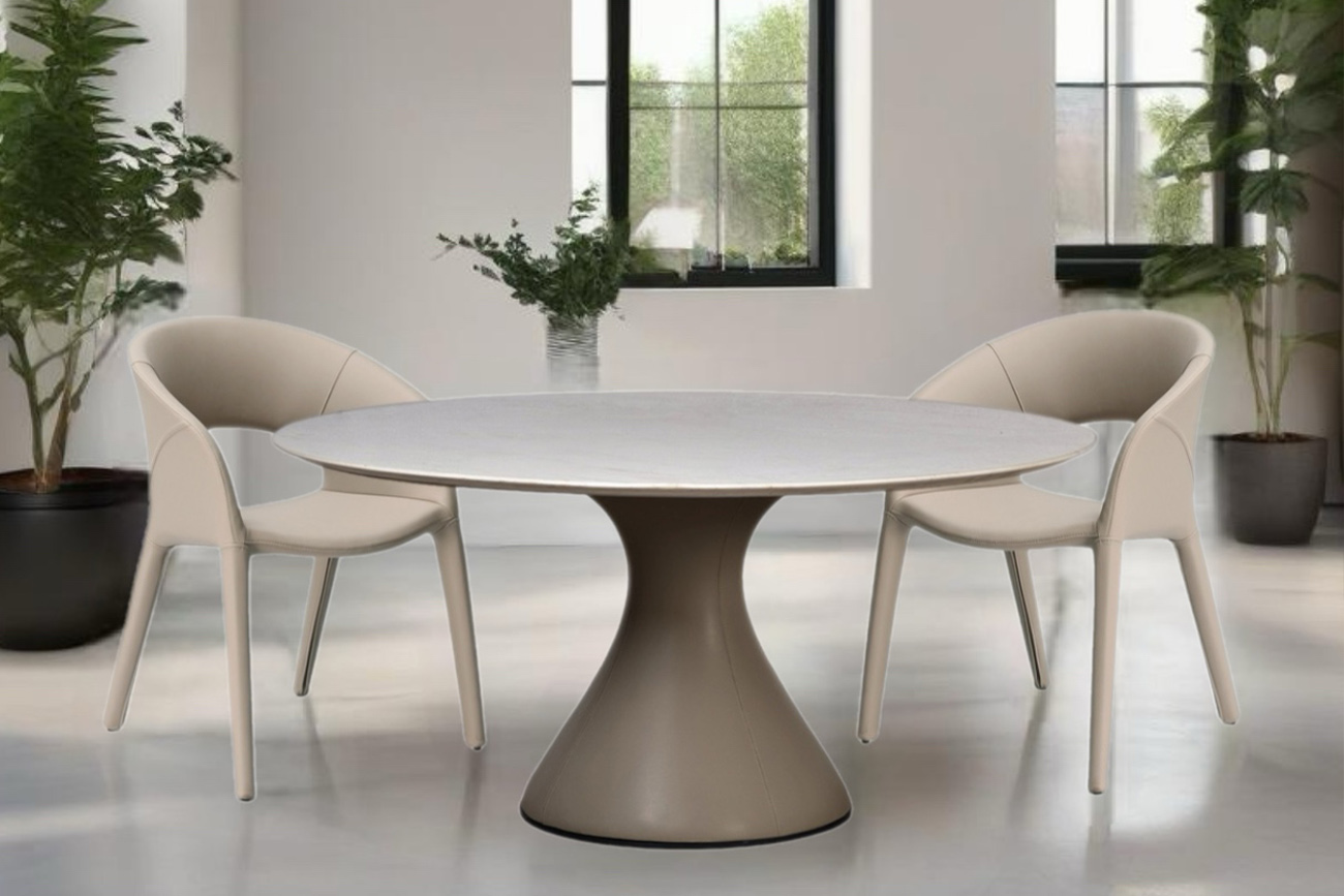 160KD-60090 Стол обеденный, мрамор Волакас (Volakas), экокожа бежевая d160*75см